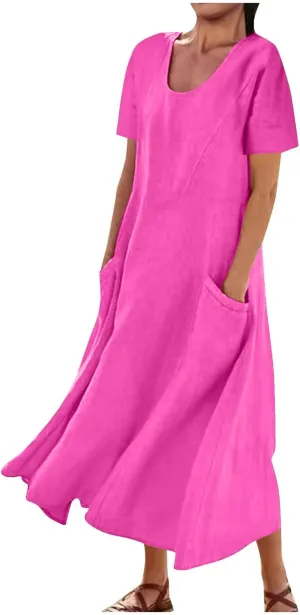 Linen Shirt Dresses for Women Plus Size Short Sleeve Flowy Midi Dresses Summer Casual Shirt Dresses with Dual Pockets