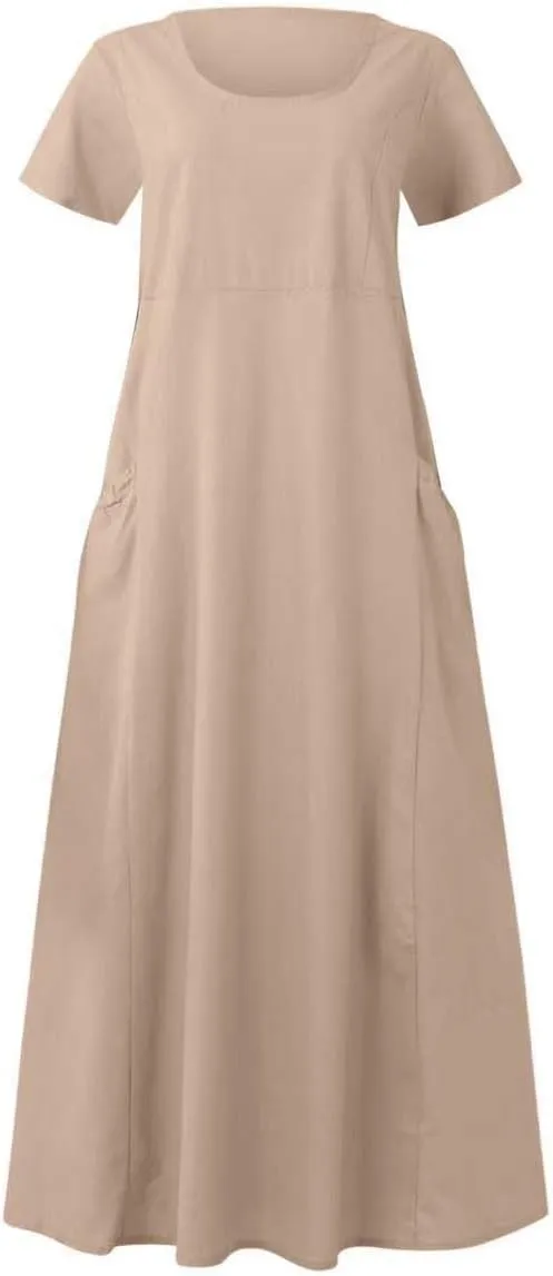 Linen Shirt Dresses for Women Plus Size Short Sleeve Flowy Midi Dresses Summer Casual Shirt Dresses with Dual Pockets