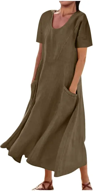 Linen Shirt Dresses for Women Plus Size Short Sleeve Flowy Midi Dresses Summer Casual Shirt Dresses with Dual Pockets