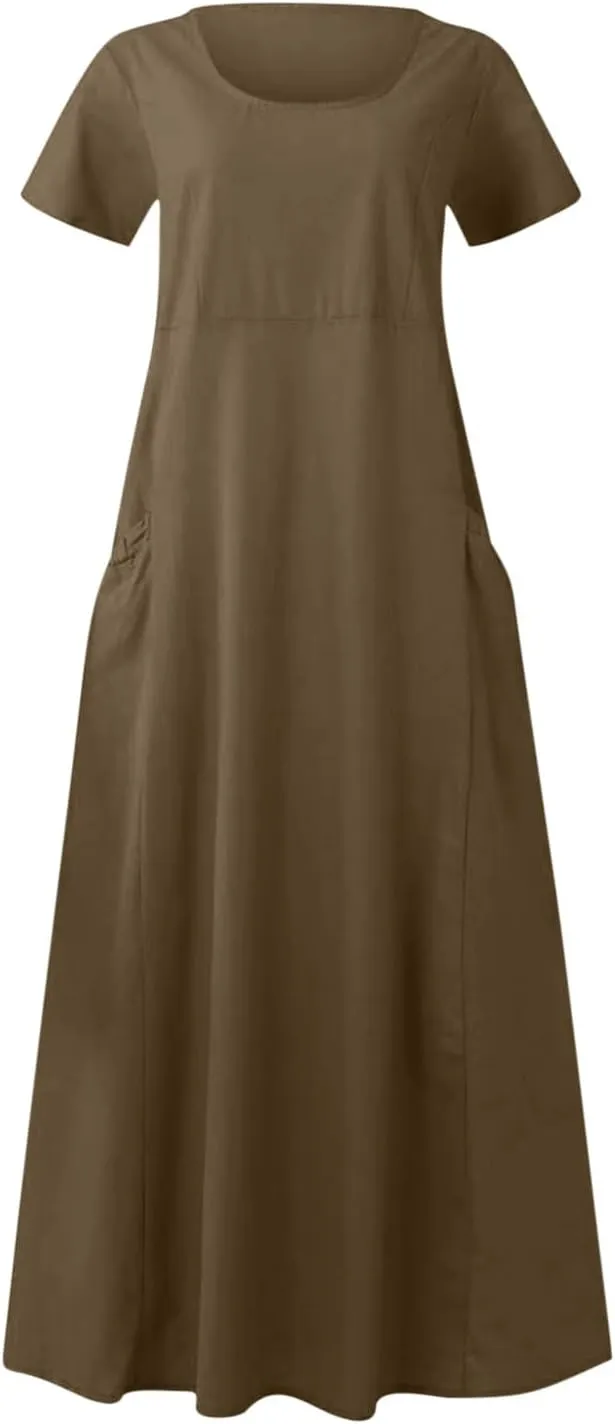 Linen Shirt Dresses for Women Plus Size Short Sleeve Flowy Midi Dresses Summer Casual Shirt Dresses with Dual Pockets