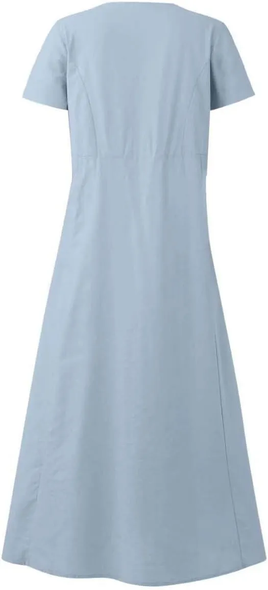 Linen Shirt Dresses for Women Plus Size Short Sleeve Flowy Midi Dresses Summer Casual Shirt Dresses with Dual Pockets