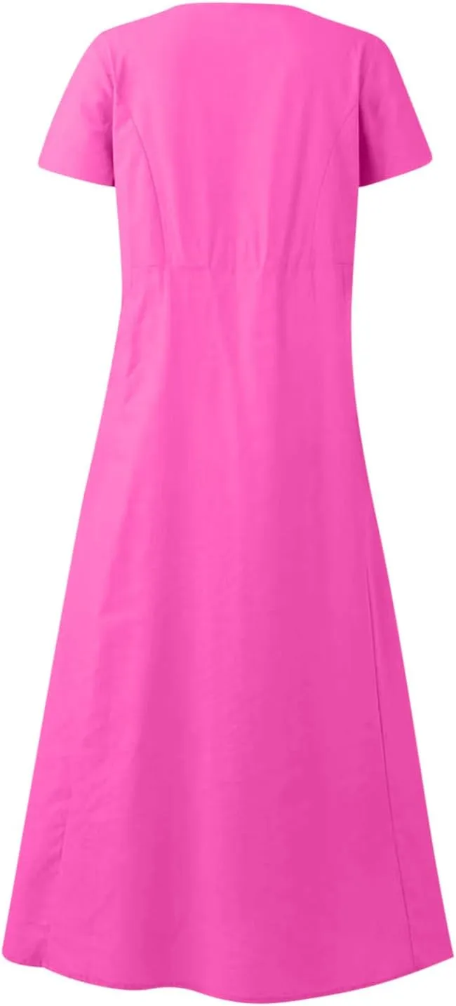 Linen Shirt Dresses for Women Plus Size Short Sleeve Flowy Midi Dresses Summer Casual Shirt Dresses with Dual Pockets