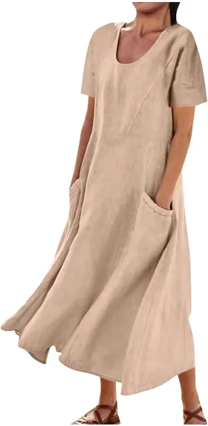 Linen Shirt Dresses for Women Plus Size Short Sleeve Flowy Midi Dresses Summer Casual Shirt Dresses with Dual Pockets