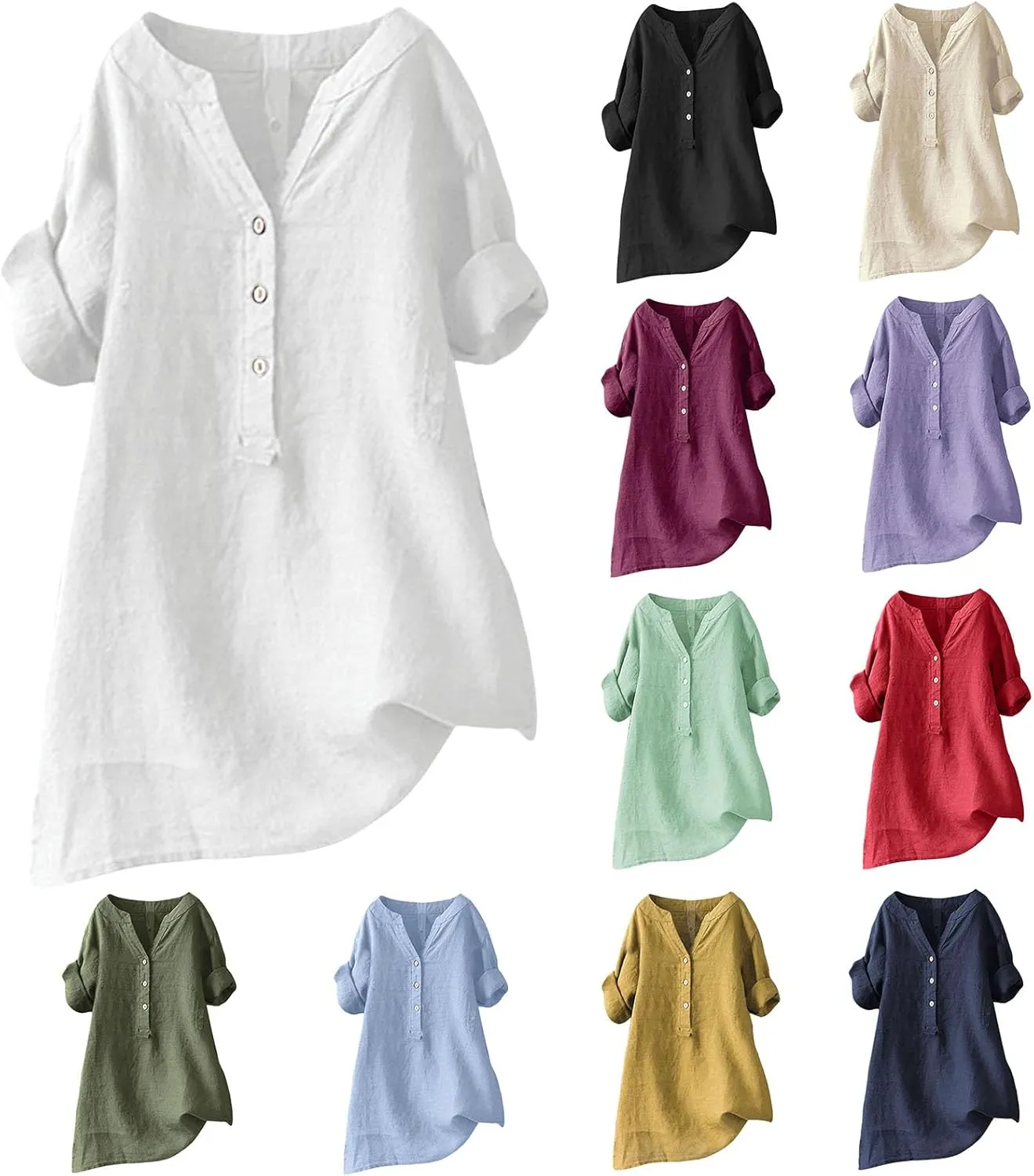 Linen Shirt for Women Casual Button V Neck Loose Fit Tunic Top Summer Pullover Tops Oversized Solid Clothes Outfits