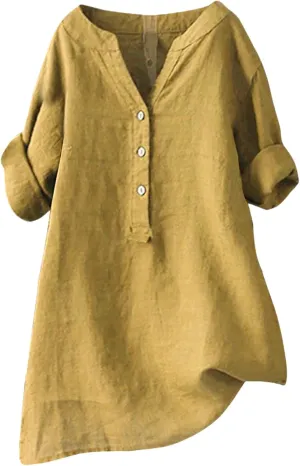 Linen Shirt for Women Casual Button V Neck Loose Fit Tunic Top Summer Pullover Tops Oversized Solid Clothes Outfits