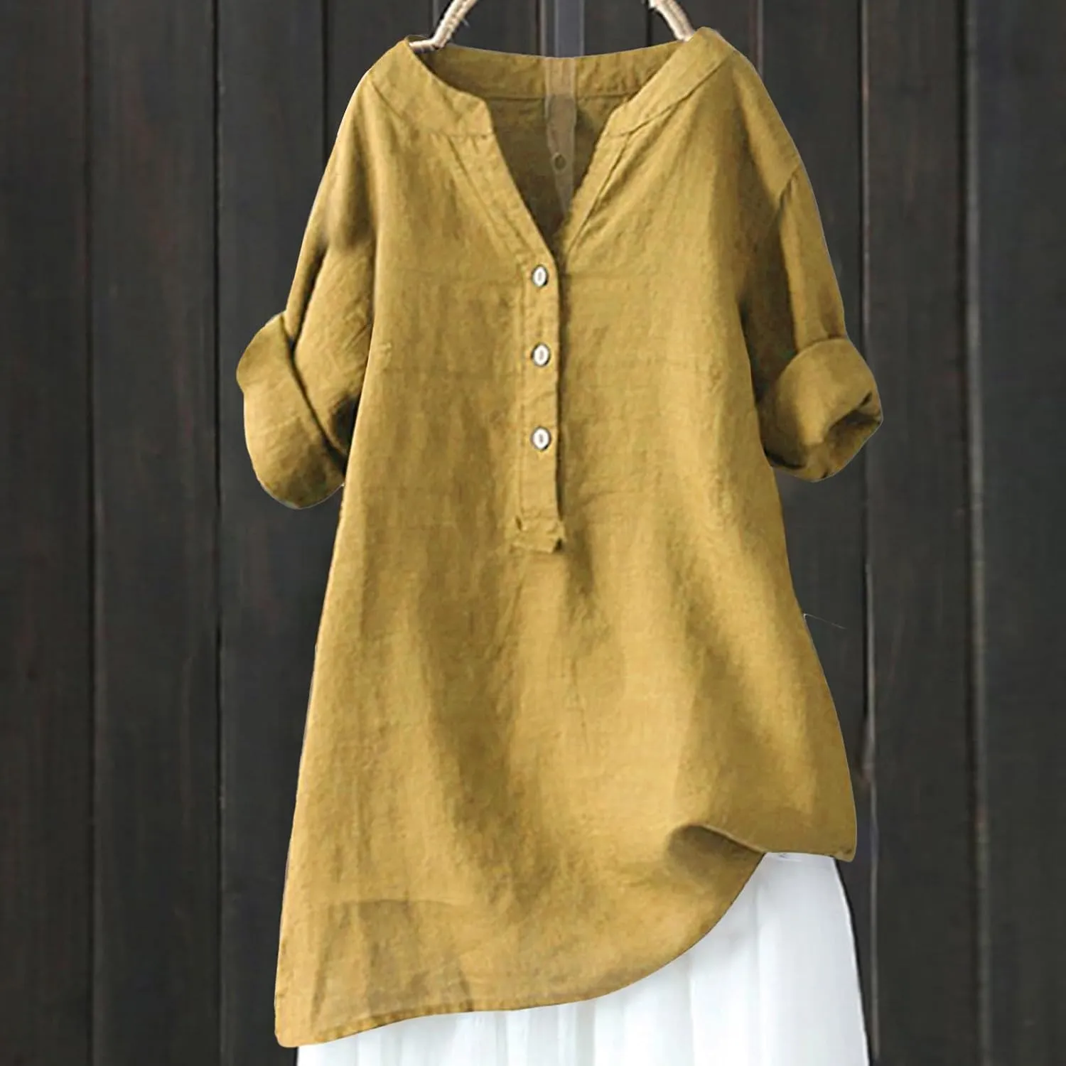 Linen Shirt for Women Casual Button V Neck Loose Fit Tunic Top Summer Pullover Tops Oversized Solid Clothes Outfits