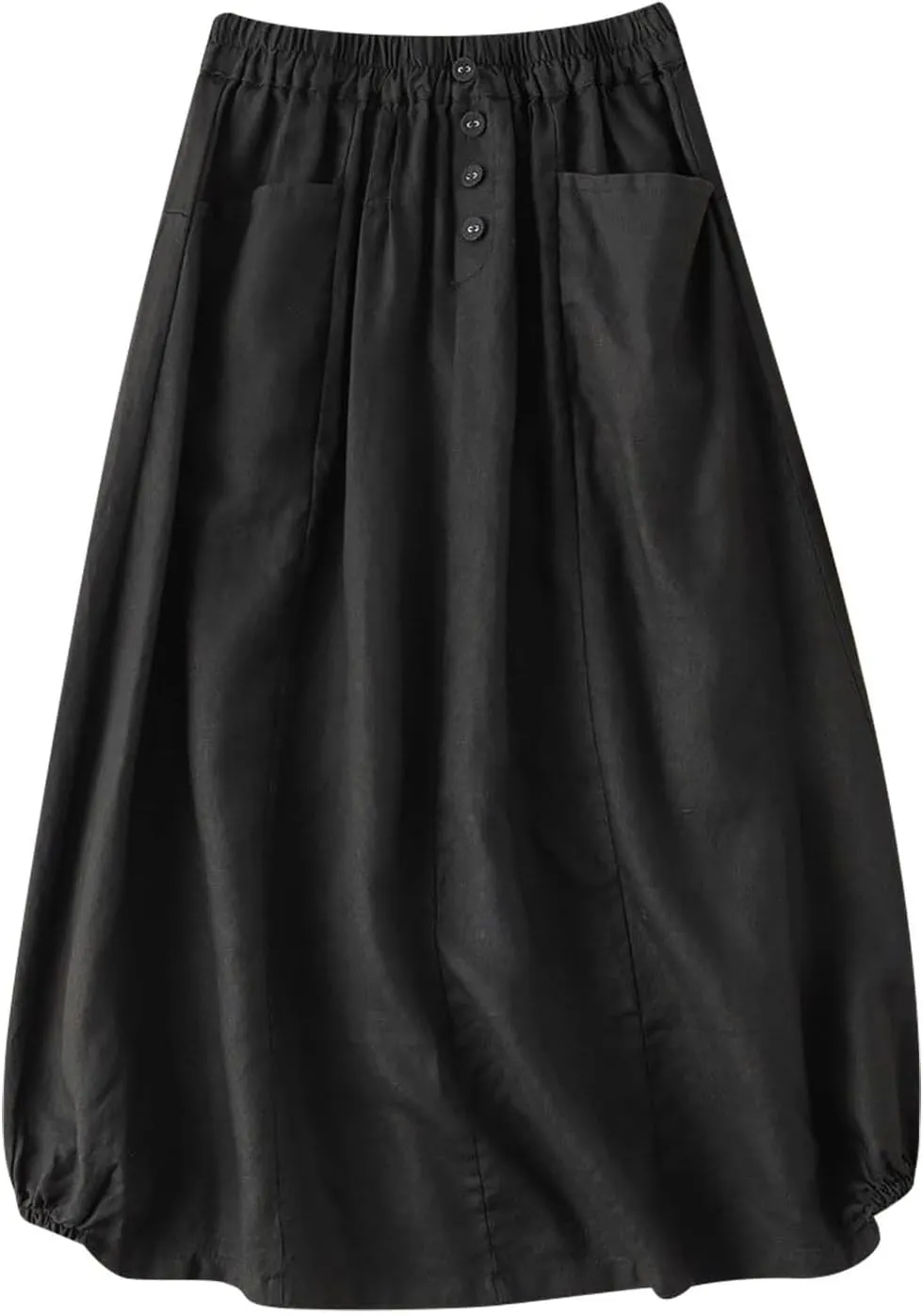 Linen Skirts for Women Button Front Elastic Waist A-Line Midi Skirt Summer Casual Flowy Swing Skirts with Pockets