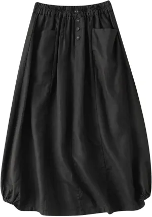 Linen Skirts for Women Button Front Elastic Waist A-Line Midi Skirt Summer Casual Flowy Swing Skirts with Pockets