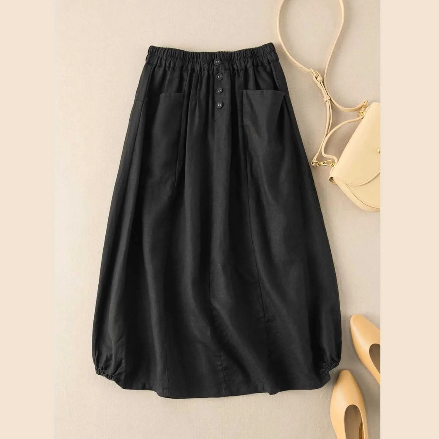 Linen Skirts for Women Button Front Elastic Waist A-Line Midi Skirt Summer Casual Flowy Swing Skirts with Pockets
