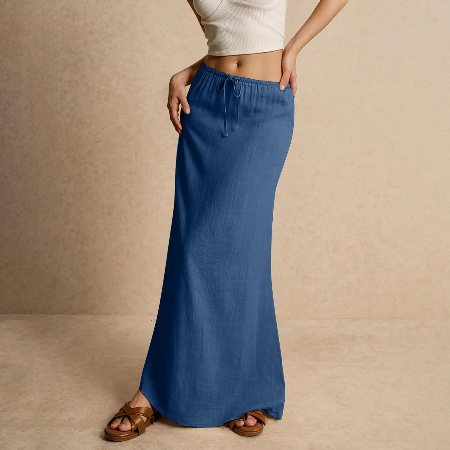 Linen Skirts for Women Trendy Summer Loose Low Rise Maxi Skirts Lightweight Drawstring Boho Beach A Line Long Skirt