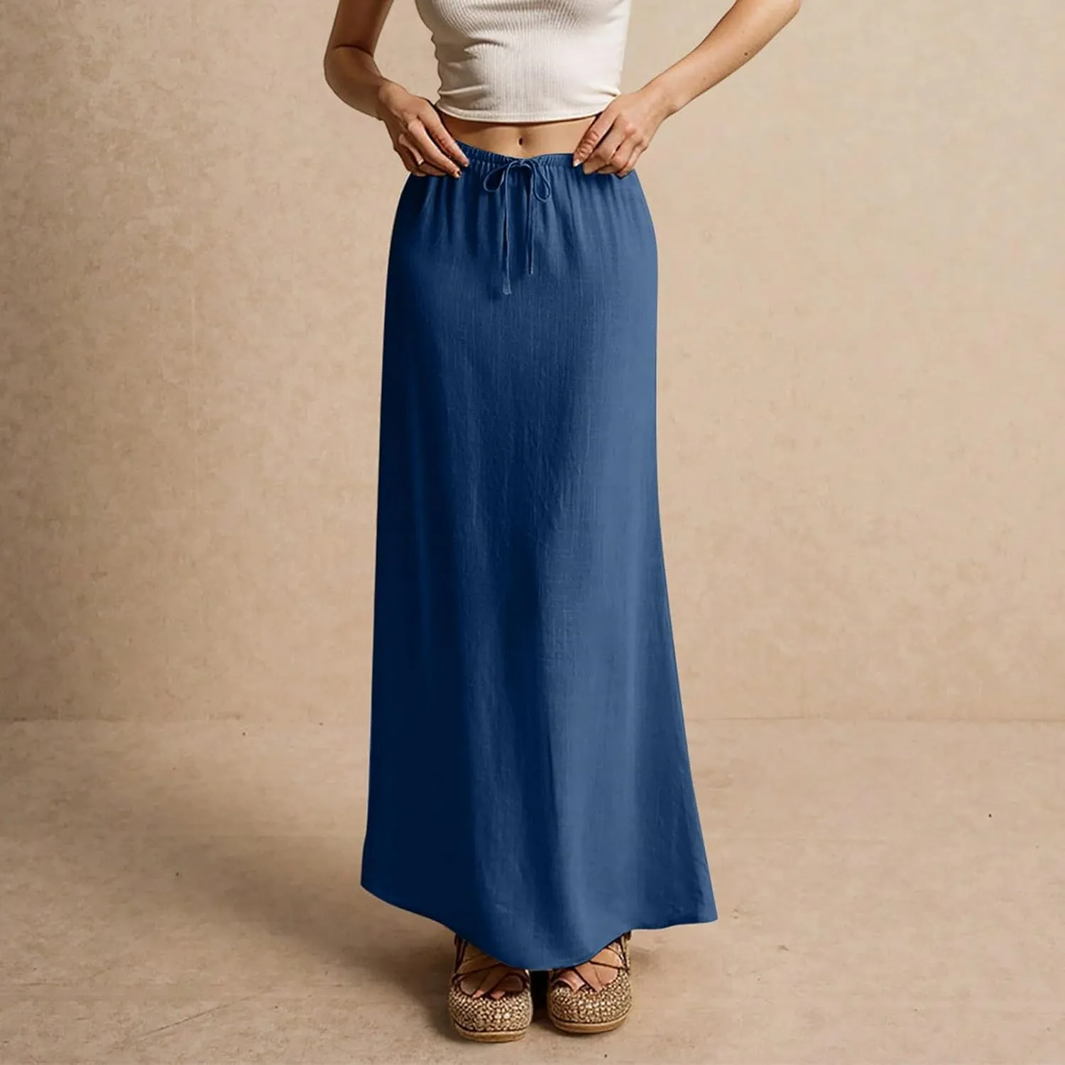 Linen Skirts for Women Trendy Summer Loose Low Rise Maxi Skirts Lightweight Drawstring Boho Beach A Line Long Skirt