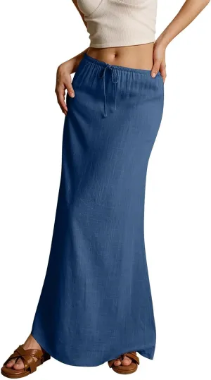 Linen Skirts for Women Trendy Summer Loose Low Rise Maxi Skirts Lightweight Drawstring Boho Beach A Line Long Skirt