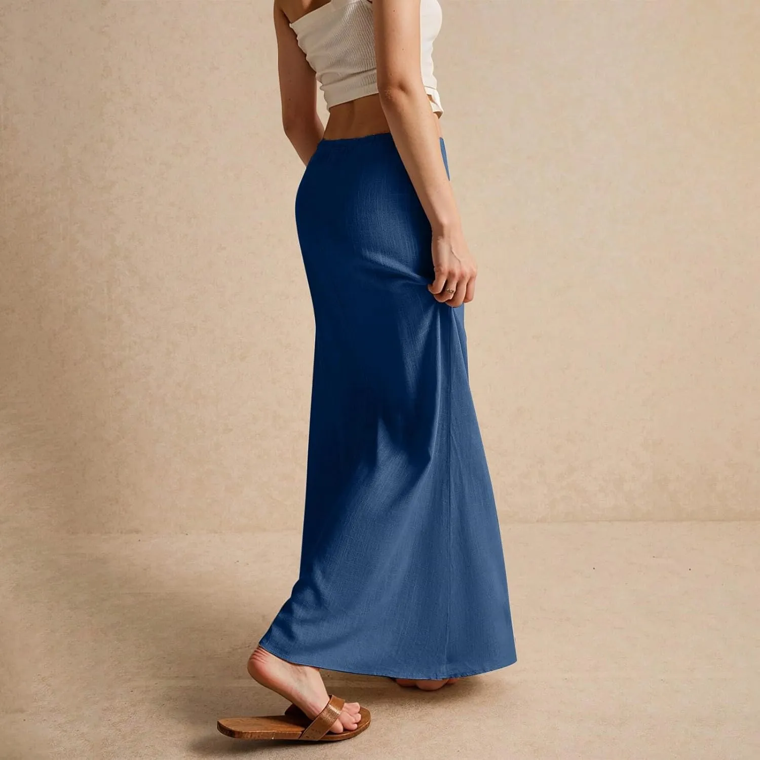 Linen Skirts for Women Trendy Summer Loose Low Rise Maxi Skirts Lightweight Drawstring Boho Beach A Line Long Skirt