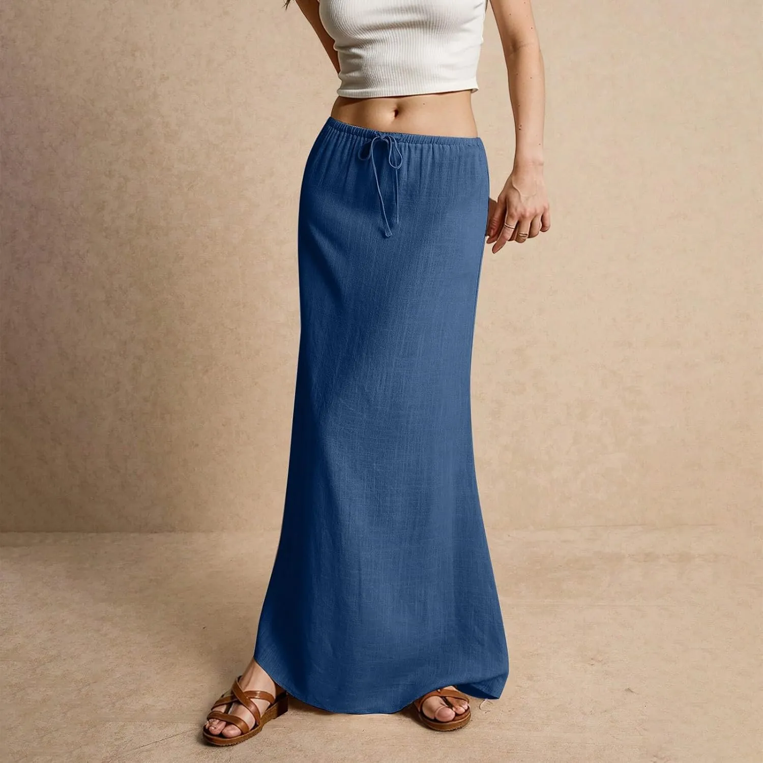 Linen Skirts for Women Trendy Summer Loose Low Rise Maxi Skirts Lightweight Drawstring Boho Beach A Line Long Skirt