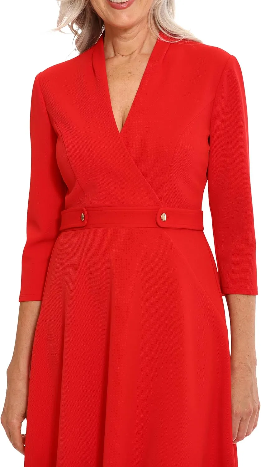 London Times Women's Crepe Fit and Flare Midi with Waist Button Detail
