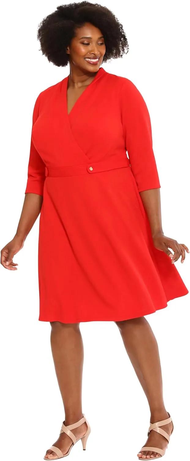 London Times Women's Crepe Fit and Flare Midi with Waist Button Detail
