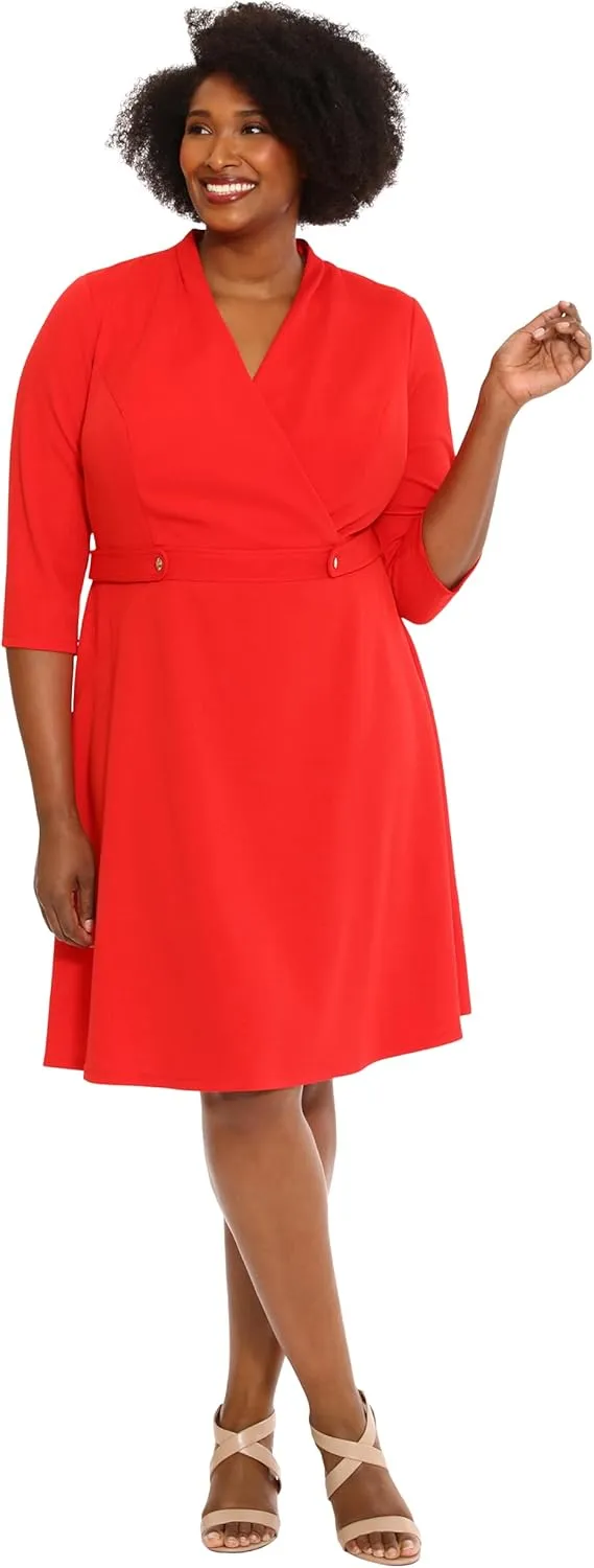 London Times Women's Crepe Fit and Flare Midi with Waist Button Detail