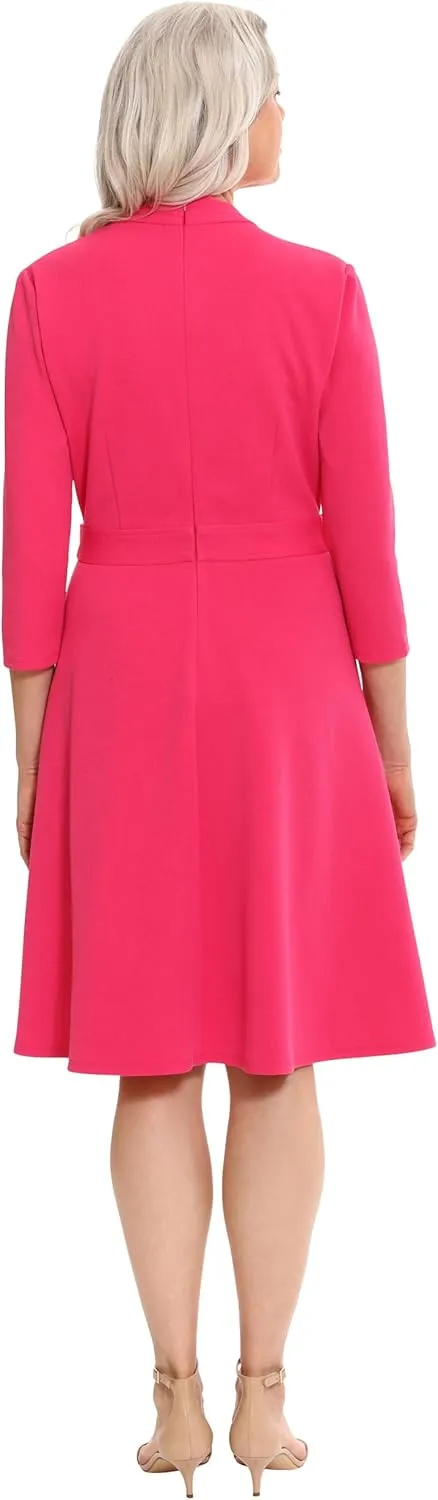 London Times Women's Crepe Fit and Flare Midi with Waist Button Detail