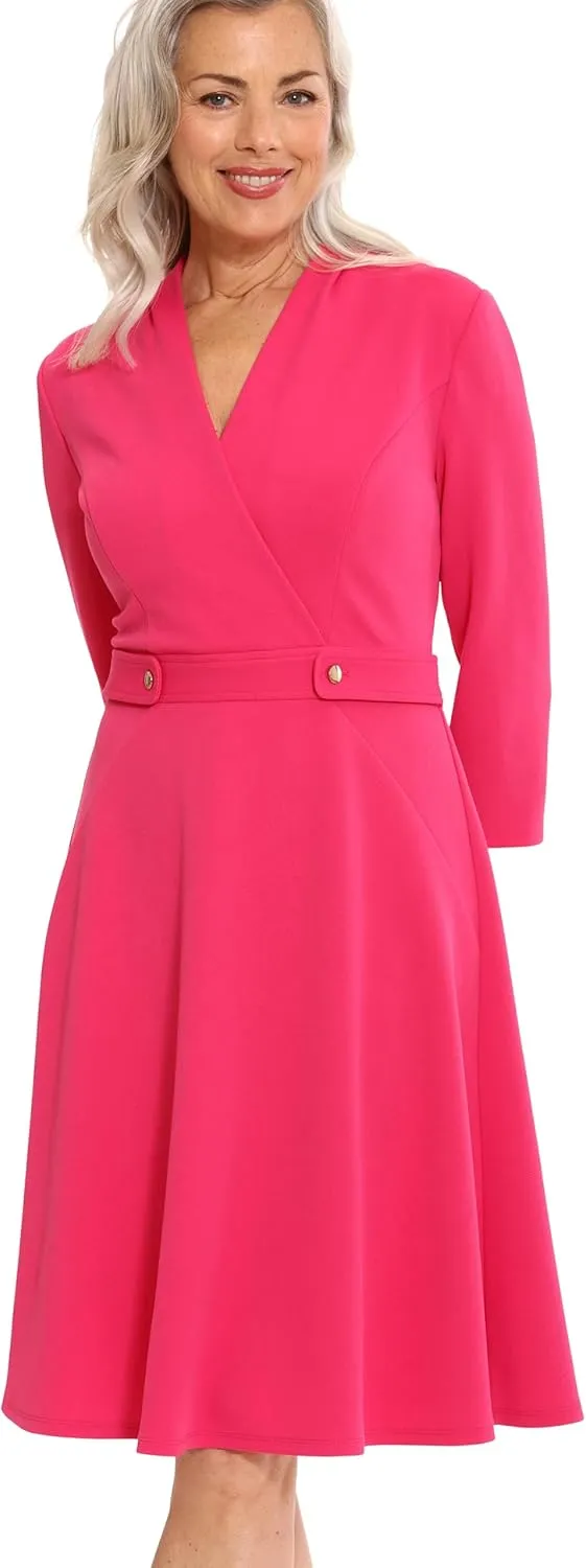 London Times Women's Crepe Fit and Flare Midi with Waist Button Detail