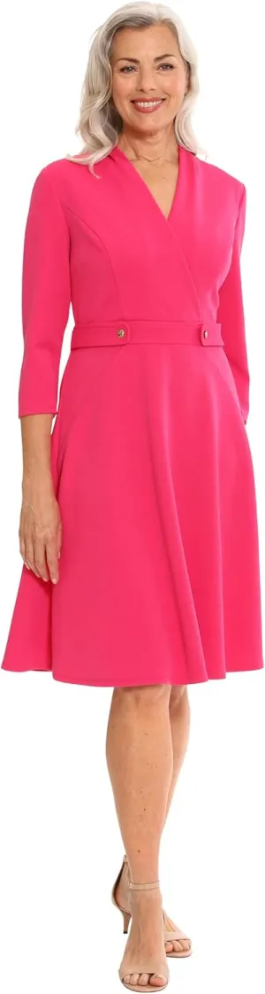 London Times Women's Crepe Fit and Flare Midi with Waist Button Detail