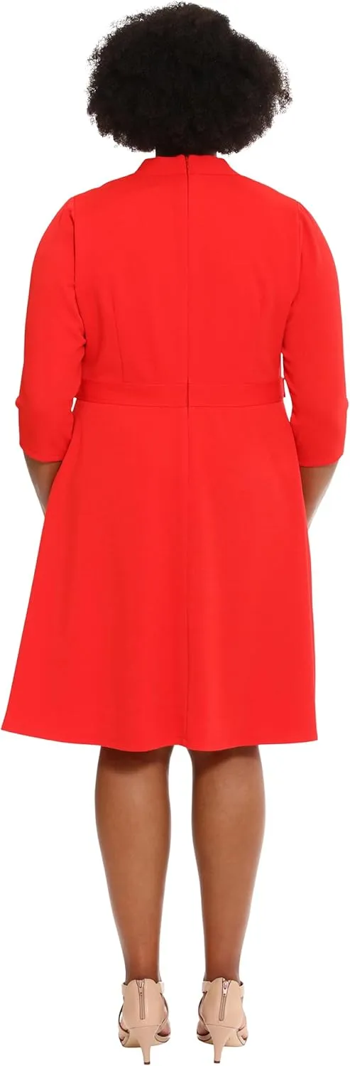 London Times Women's Crepe Fit and Flare Midi with Waist Button Detail
