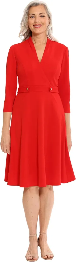 London Times Women's Crepe Fit and Flare Midi with Waist Button Detail