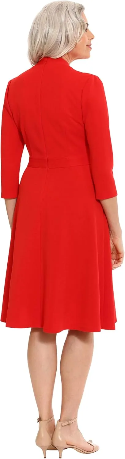 London Times Women's Crepe Fit and Flare Midi with Waist Button Detail
