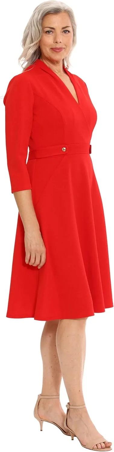 London Times Women's Crepe Fit and Flare Midi with Waist Button Detail