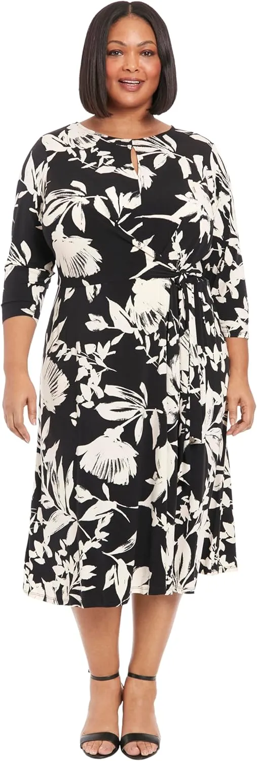 London Times Women's Keyhole Jewel Neck Side Tie Fit and Flare