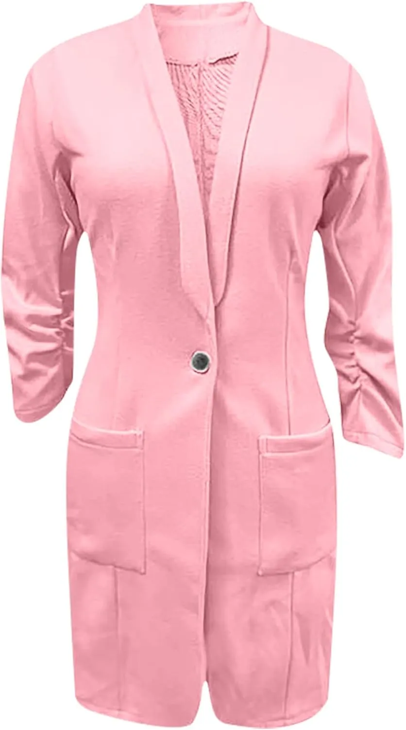 Long Blazer Jackets for Women 3/4 Ruched Sleeve Open Frond Cardigan Lapel Collar Trench Coats with Pockets