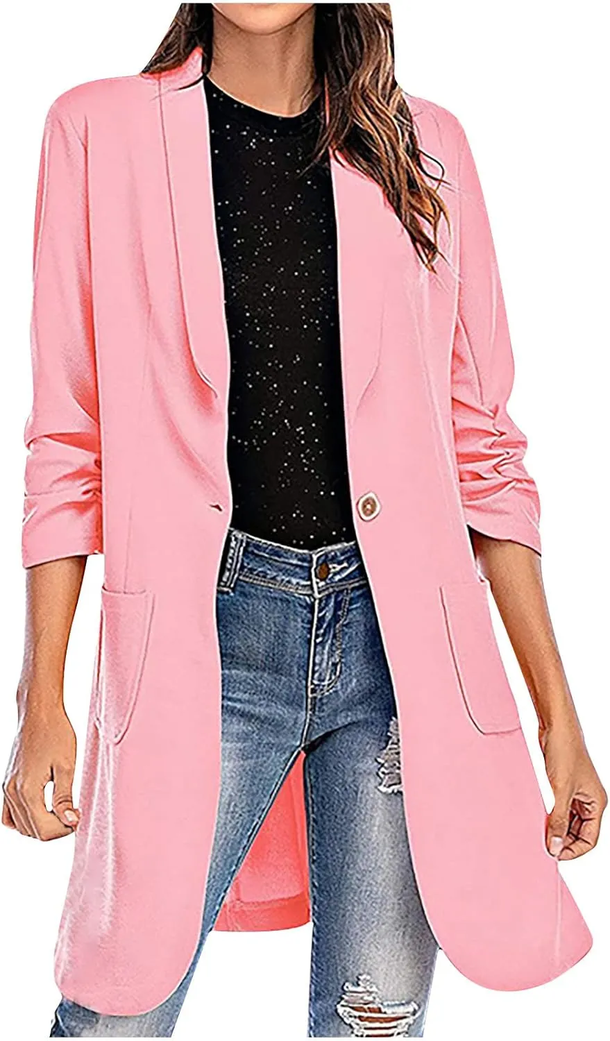 Long Blazer Jackets for Women 3/4 Ruched Sleeve Open Frond Cardigan Lapel Collar Trench Coats with Pockets