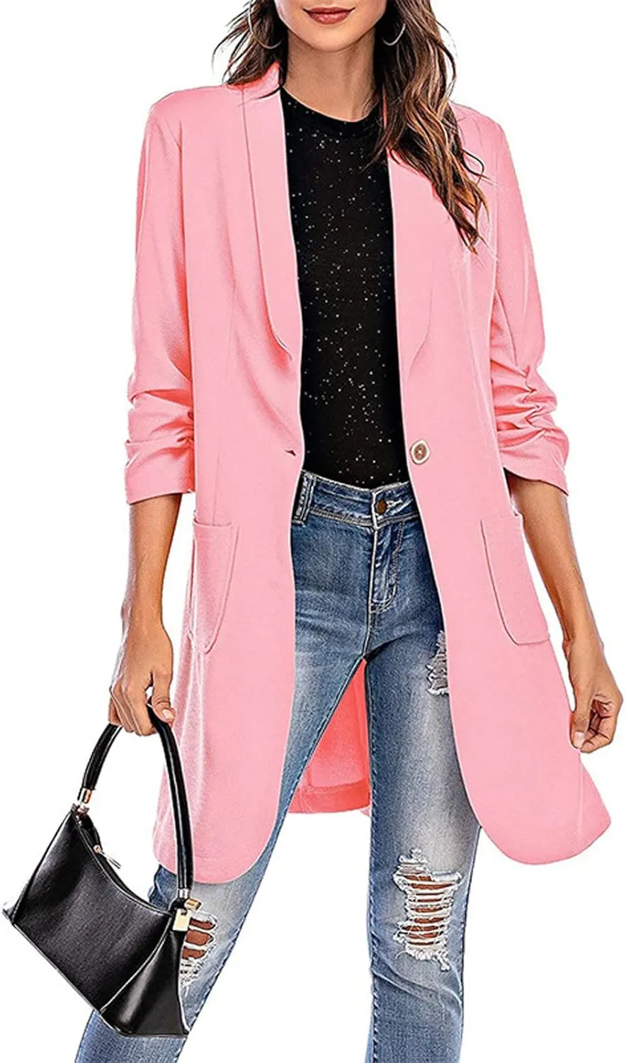 Long Blazer Jackets for Women 3/4 Ruched Sleeve Open Frond Cardigan Lapel Collar Trench Coats with Pockets