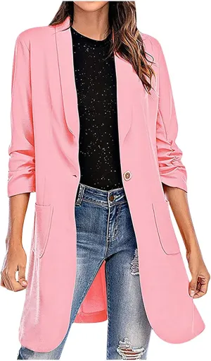 Long Blazer Jackets for Women 3/4 Ruched Sleeve Open Frond Cardigan Lapel Collar Trench Coats with Pockets