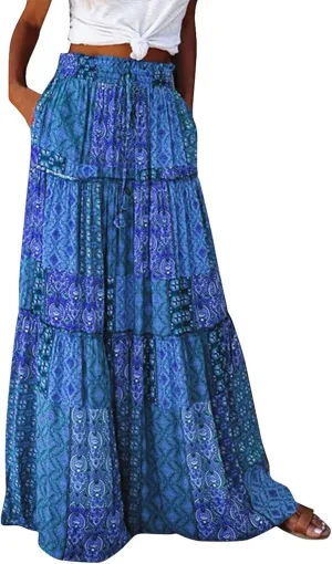Long Flowy Skirts for Women Smocked High Waisted Maxi Skirt with Pockets Boho Ruffle Tiered Beach A Line Skirt