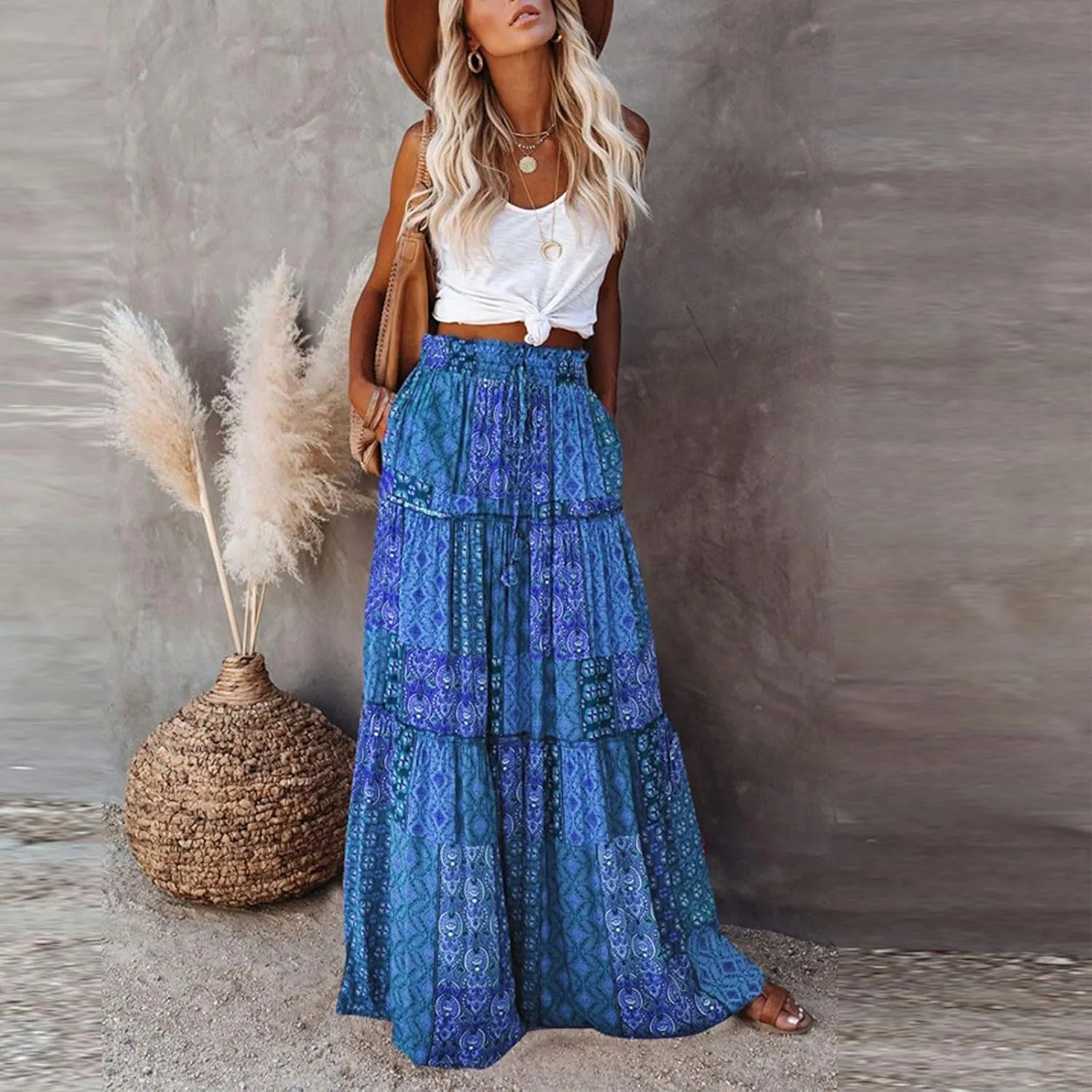 Long Flowy Skirts for Women Smocked High Waisted Maxi Skirt with Pockets Boho Ruffle Tiered Beach A Line Skirt