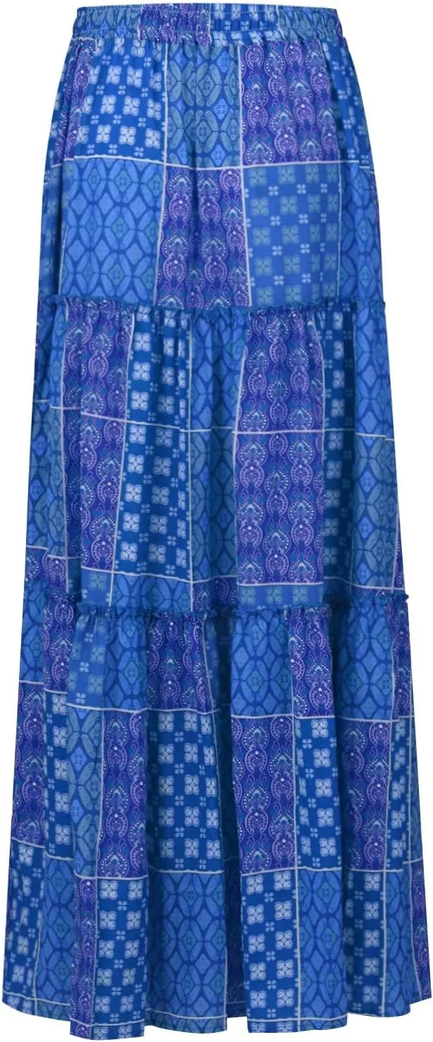 Long Flowy Skirts for Women Smocked High Waisted Maxi Skirt with Pockets Boho Ruffle Tiered Beach A Line Skirt
