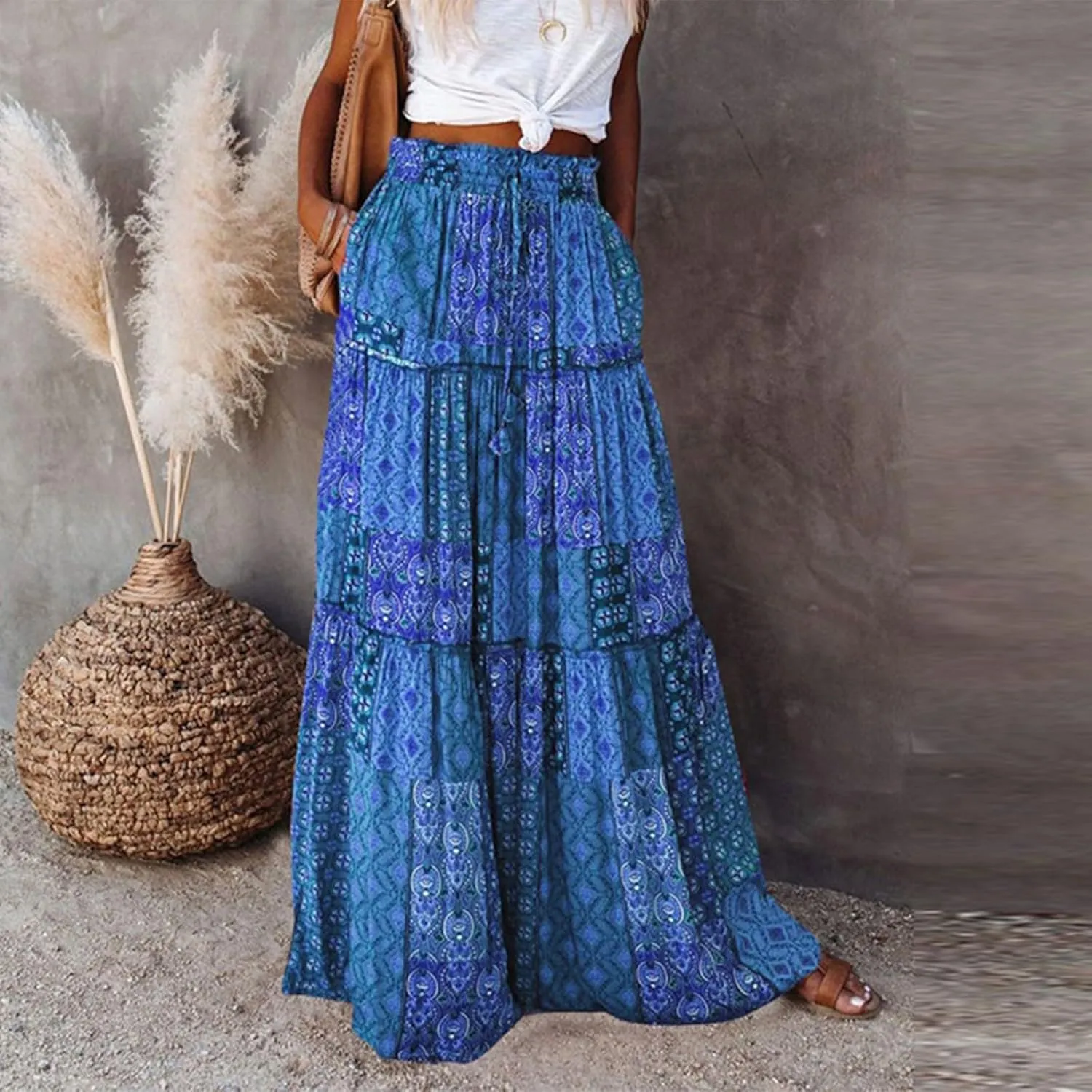 Long Flowy Skirts for Women Smocked High Waisted Maxi Skirt with Pockets Boho Ruffle Tiered Beach A Line Skirt