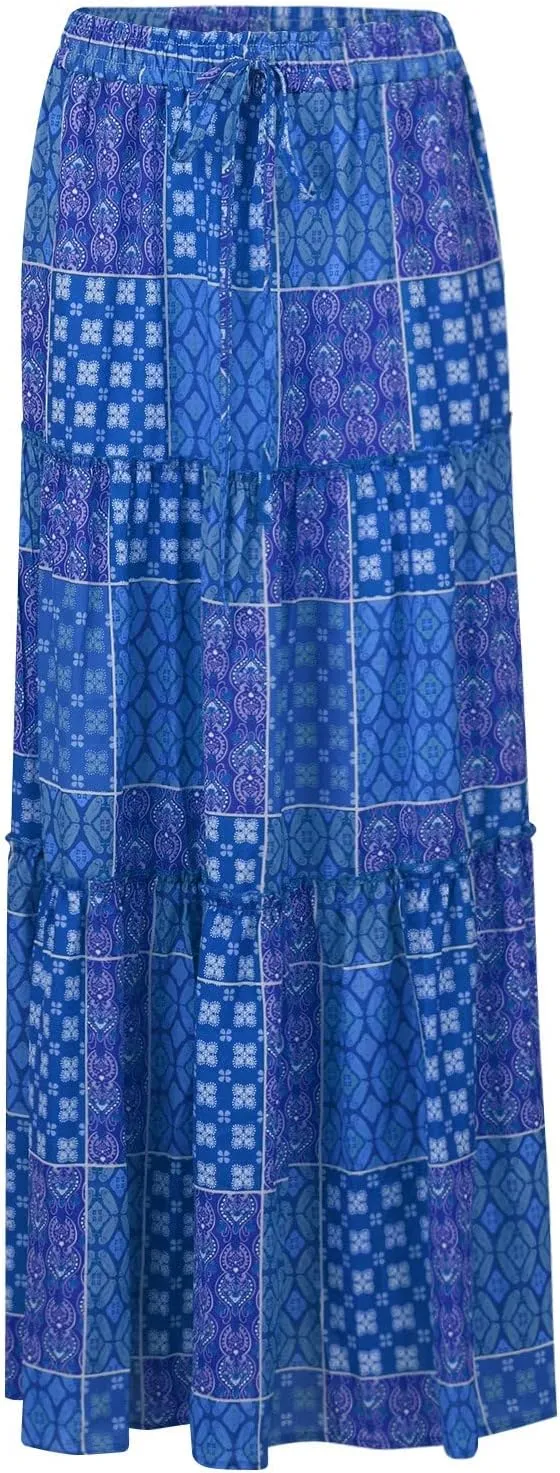 Long Flowy Skirts for Women Smocked High Waisted Maxi Skirt with Pockets Boho Ruffle Tiered Beach A Line Skirt