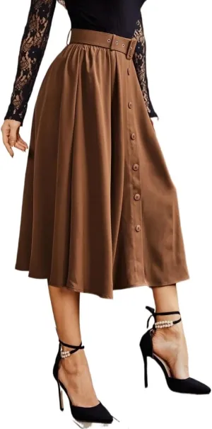 Long Midi Skirts For Women Button Front Belted Long Skirt High Waist