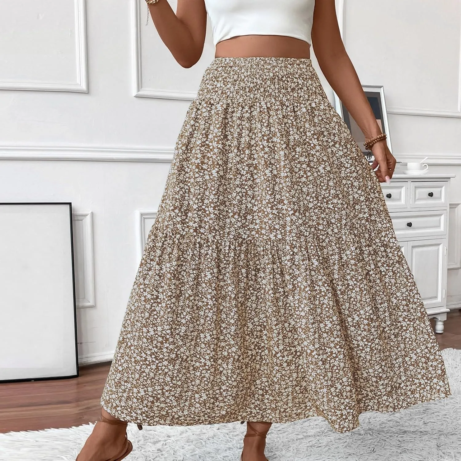 Long Skirts for Women 2025 Summer Floral Print Boho Vacation Skirt Casual Elastic Waist Tiered Skirt with Pocket
