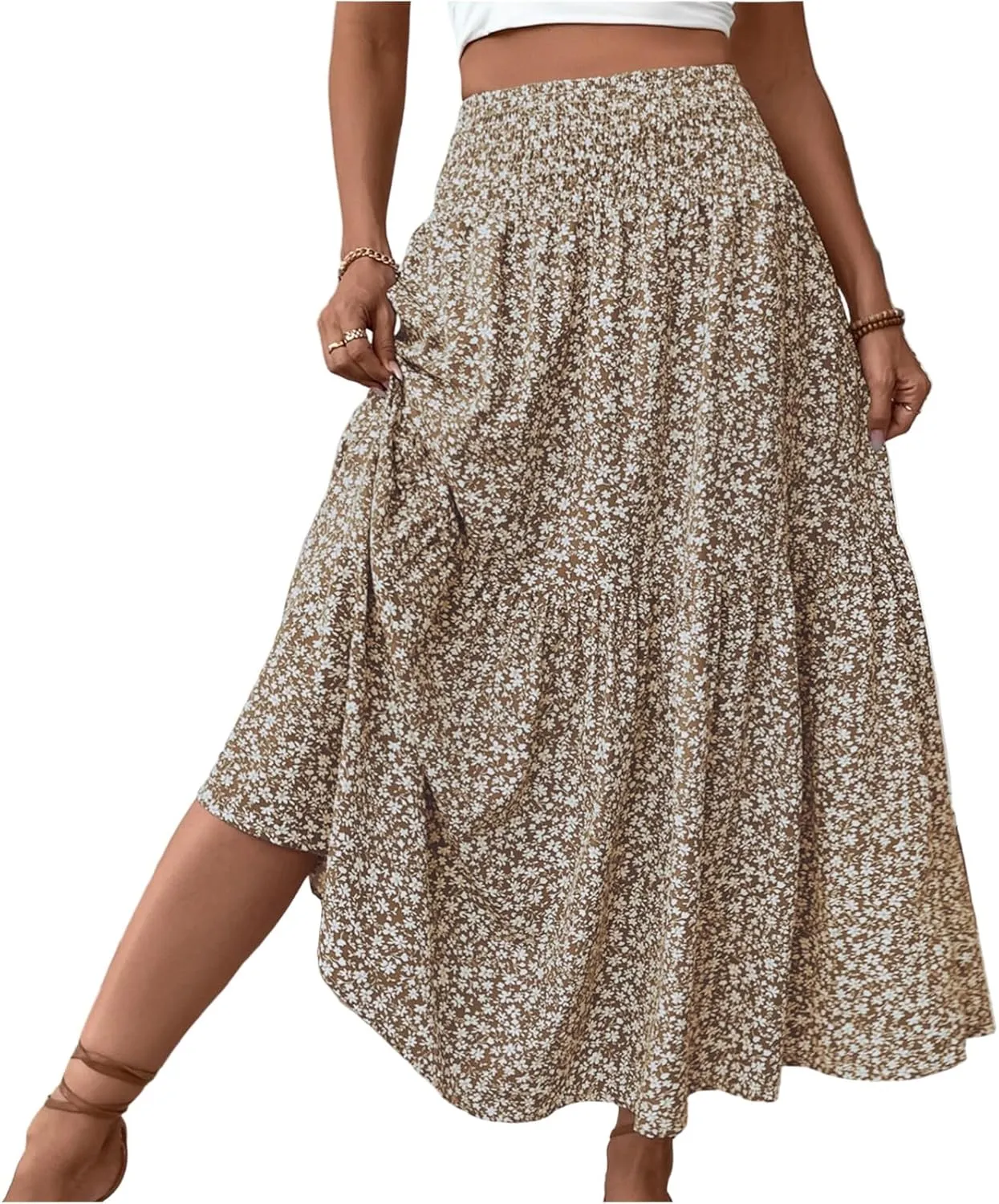 Long Skirts for Women 2025 Summer Floral Print Boho Vacation Skirt Casual Elastic Waist Tiered Skirt with Pocket