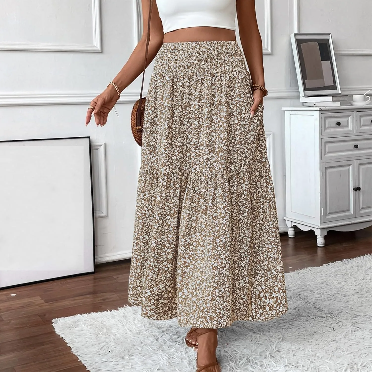 Long Skirts for Women 2025 Summer Floral Print Boho Vacation Skirt Casual Elastic Waist Tiered Skirt with Pocket