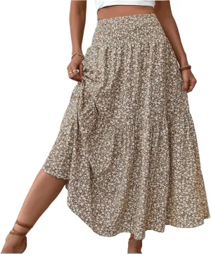 Long Skirts for Women 2025 Summer Floral Print Boho Vacation Skirt Casual Elastic Waist Tiered Skirt with Pocket