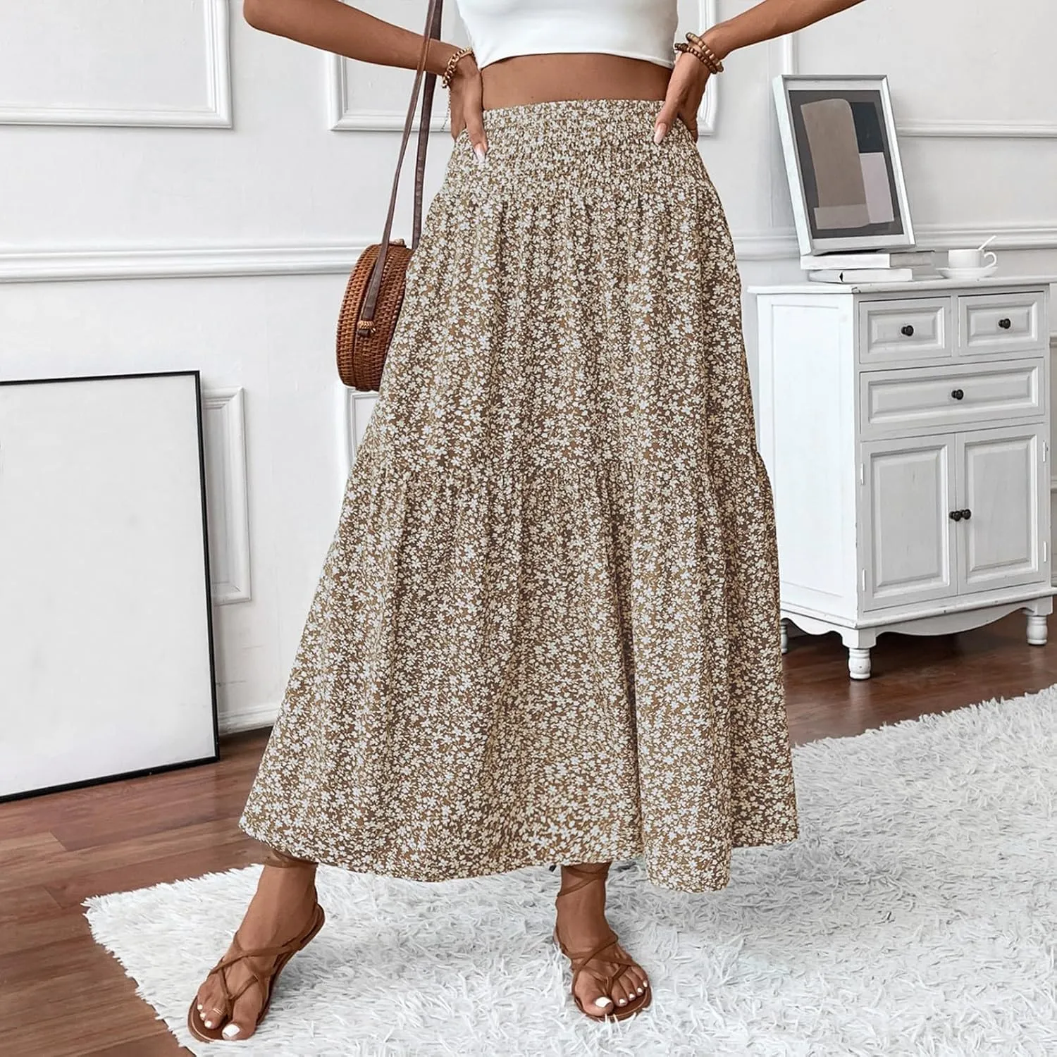 Long Skirts for Women 2025 Summer Floral Print Boho Vacation Skirt Casual Elastic Waist Tiered Skirt with Pocket
