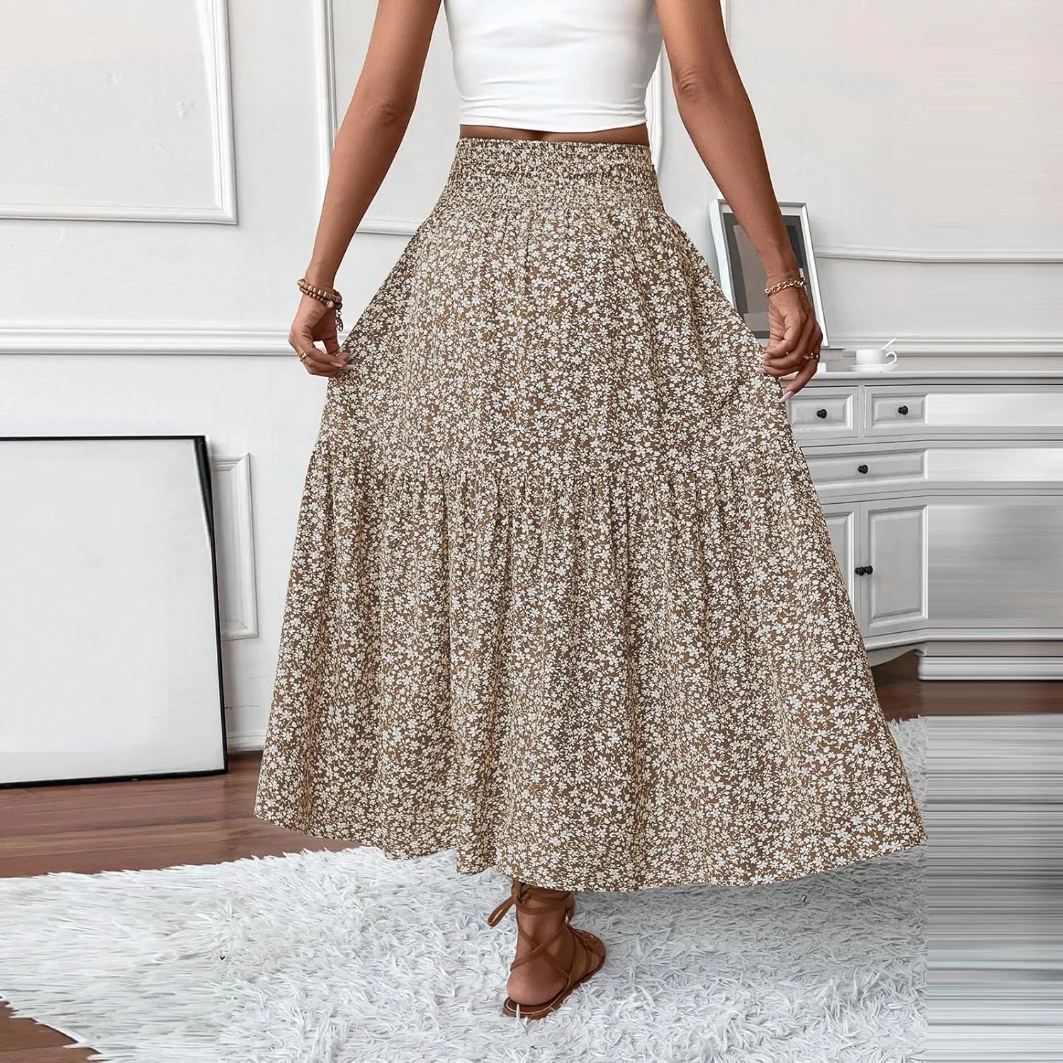 Long Skirts for Women 2025 Summer Floral Print Boho Vacation Skirt Casual Elastic Waist Tiered Skirt with Pocket