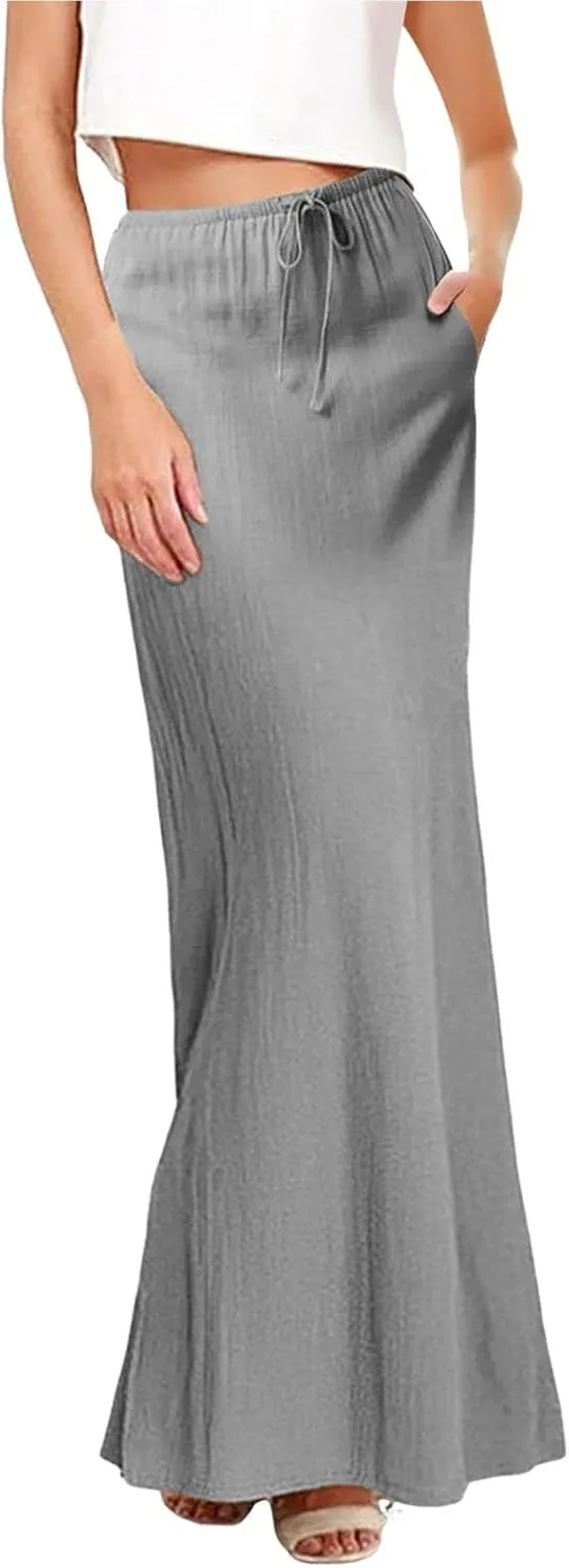 Long Skirts for Women Cotton Linen Boho Maxi Skirt Spring Summer Trendy Vacation Casual Flowy Drawstring Skirts