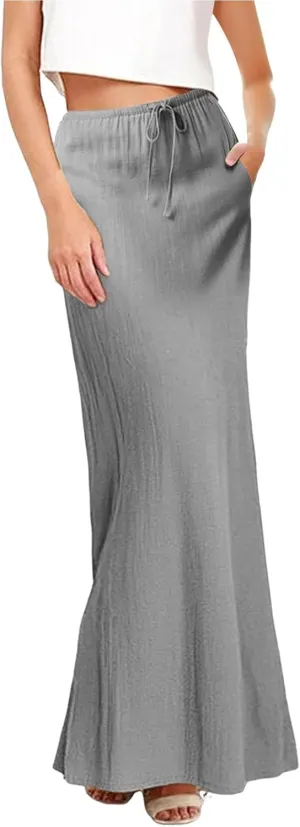 Long Skirts for Women Cotton Linen Boho Maxi Skirt Spring Summer Trendy Vacation Casual Flowy Drawstring Skirts