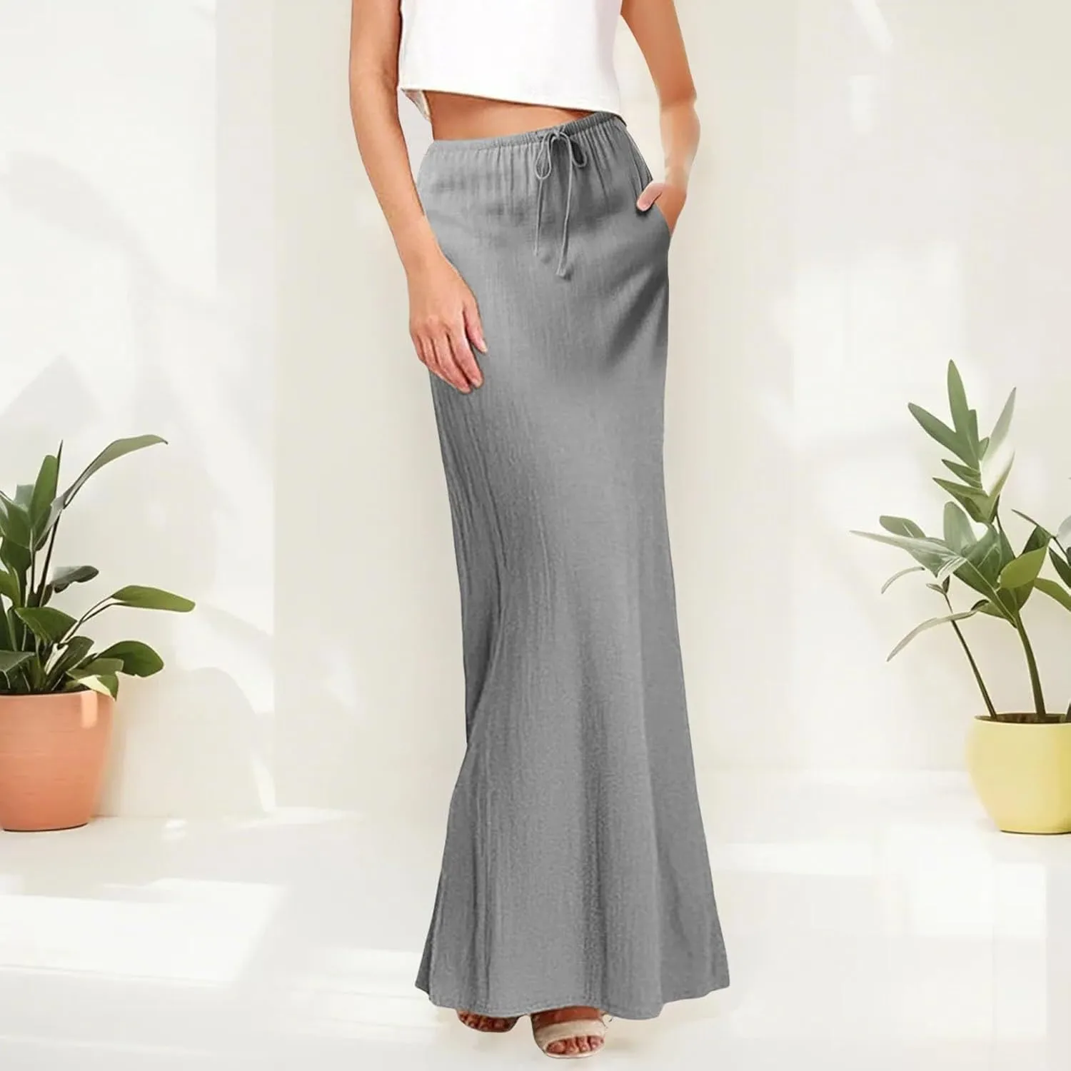 Long Skirts for Women Cotton Linen Boho Maxi Skirt Spring Summer Trendy Vacation Casual Flowy Drawstring Skirts