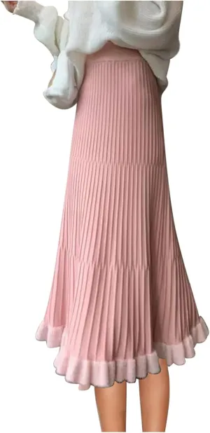 Long Skirts for Women Fall Casual High Waisted Ribbed Knit Midi Skirts Fashion Ruffle Pleated Knitted Half Skirt