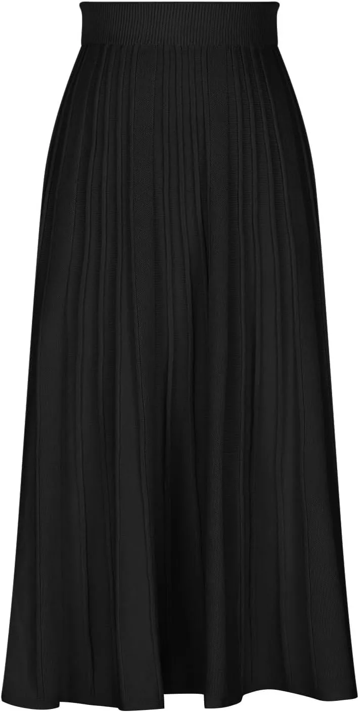 Long Skirts for Women Fall Casual High Waisted Ribbed Knit Midi Skirts Fashion Ruffle Pleated Knitted Half Skirt